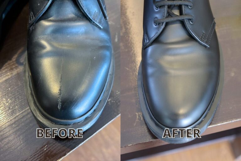 ドクターマーチンの革靴 補修前のキズ（つま先擦れ）